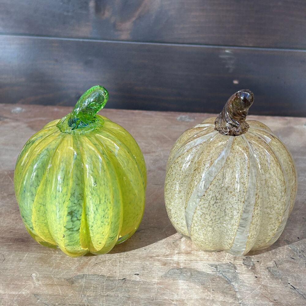 Handblown Murano Style glass pumpkin gourd pair art glass yellow green Fall